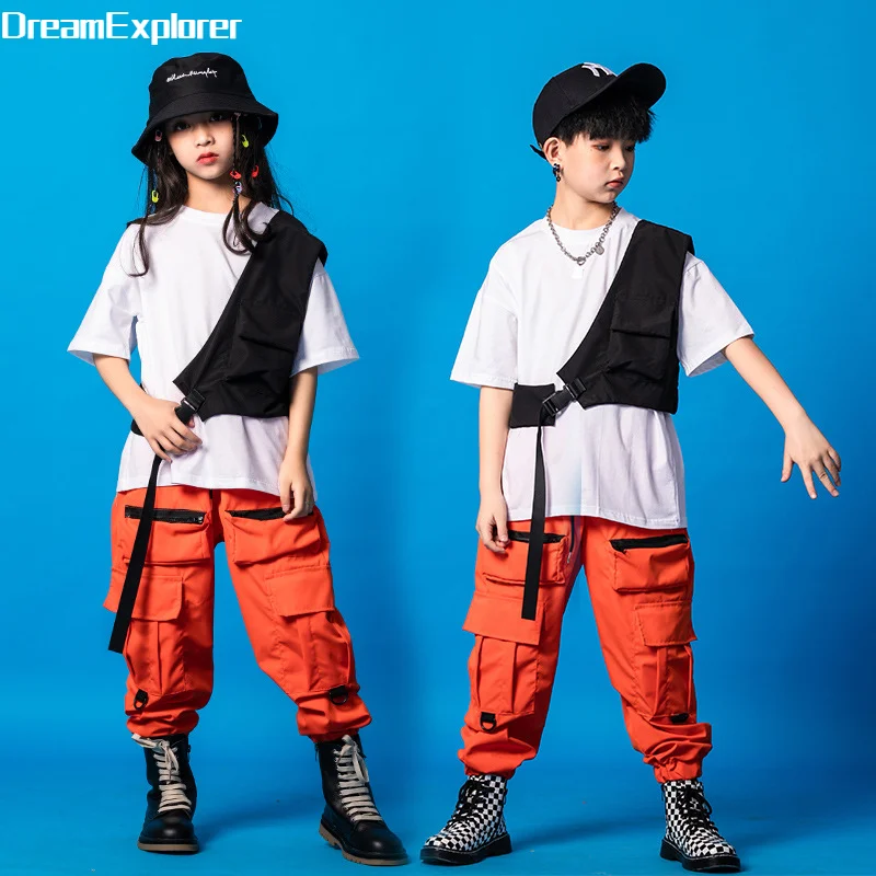 Chaleco de Hip Hop para niños y niñas, traje de Pantalón Cargo naranja, camiseta con bolsa en el pecho, Joggers, ropa de calle para baile, ropa