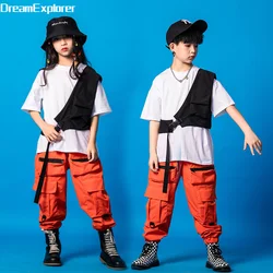 Boys Hip Hop Vest Girls Orange Cargo Pant Outfit Child T-shirt Chest Bag Joggers Street Dance Kids Streetwear Costume Sportwear