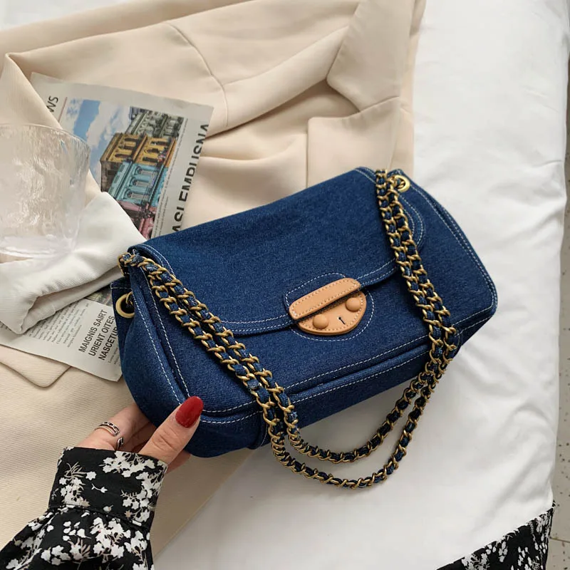 Vintage Blue Denim Quilted Women Shoulder Bags Designer Brand Handbags Luxury Chains Jeans Messenger Bag Large Tote Female Purse