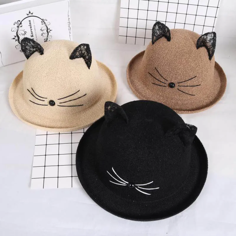 Parent-child Adult / Child Straw Woven Curled Dome Cartoon Cat Ears Sun Hat Women Summer Beach Travel Sunscreen Bowler Hat U33