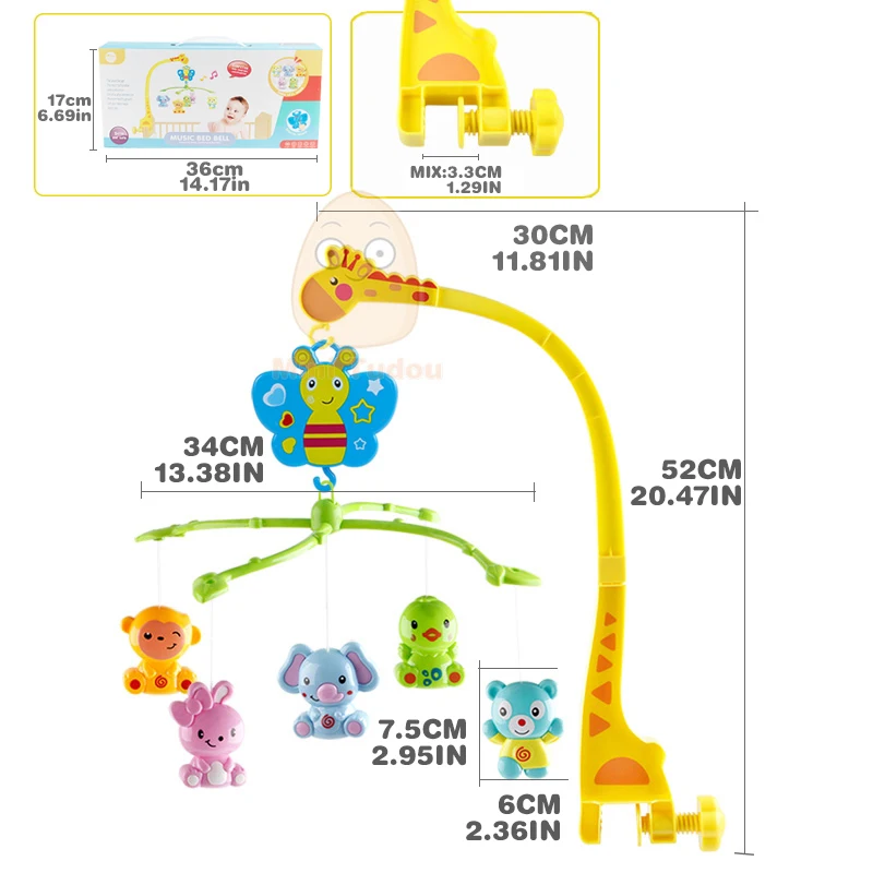 Cascabel de cama móvil 4 en 1 para cuna, sonajero de Animal Kawaii para bebé, soporte giratorio, juguetes, soporte de jirafa, caja de música de viento, regalo