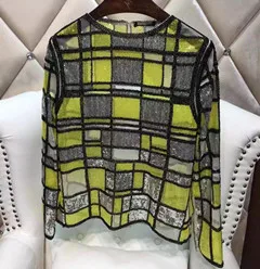 Runway Women Plaid Sequined Blouse Purple Shiny Long Sleeve Spring Summer Blouses Shirt Woman Beading Party Tops NS690