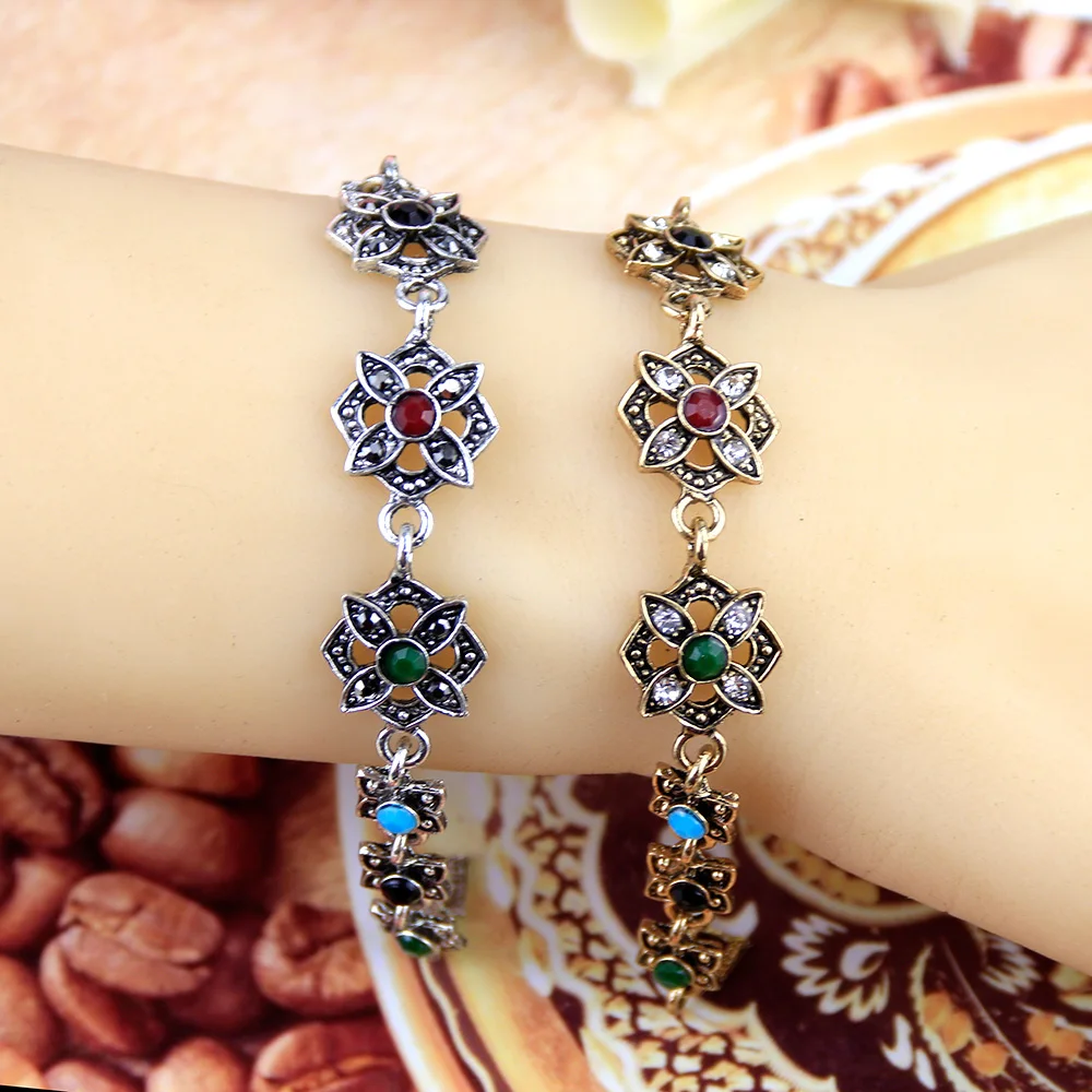 Sunspicems Vintage Bohemia Charm Bracelet Wrist Chain Colorful Stone Retro Gold Silver Plated Women Leisure Jewelry Indian Gift