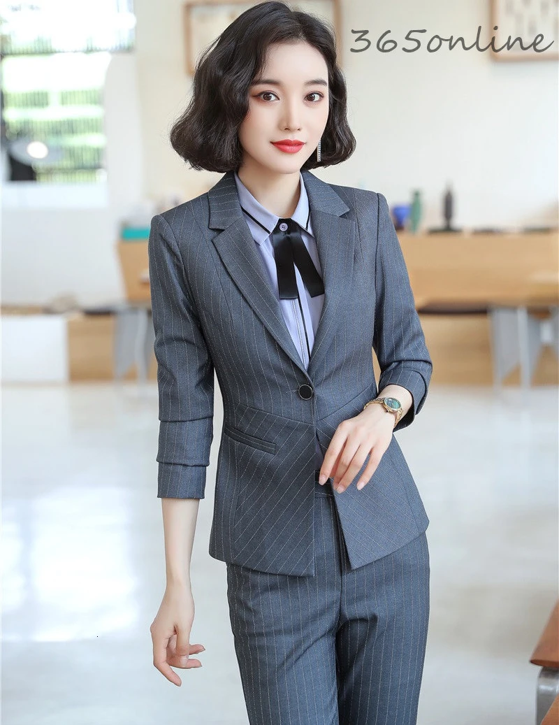 Fashion Striped Formal Uniform Designs Pantsuits Spring Autumn Women Business Work Wear Ladies OL Styles Professional Blazers