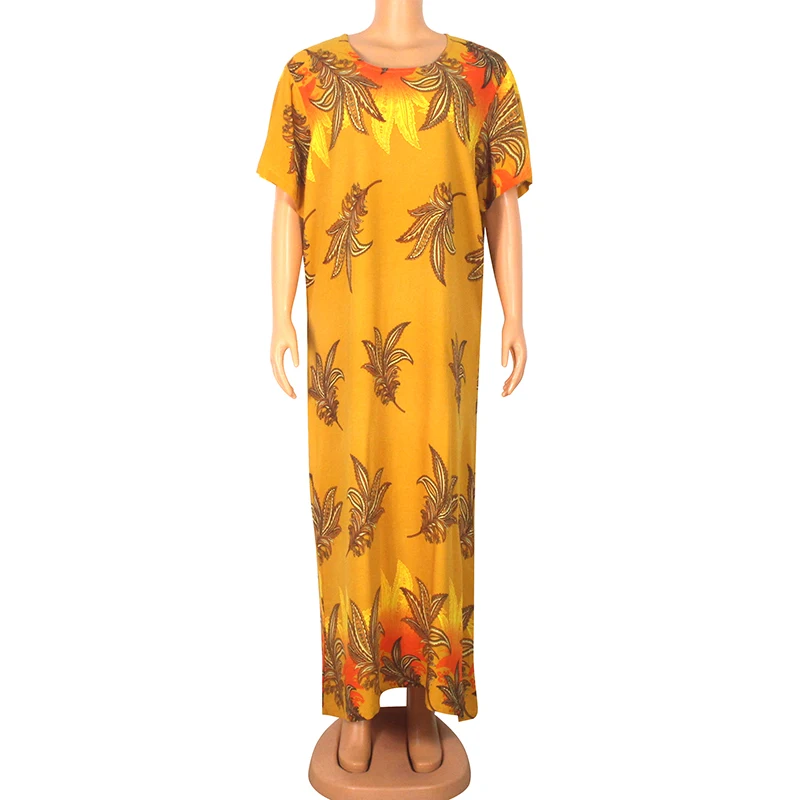 2020 Fashion Summer New Arrival African Dresses For Women Modern Leaf Print Gold 100% Cotton Casual Mama Maxi Dress With Scarf