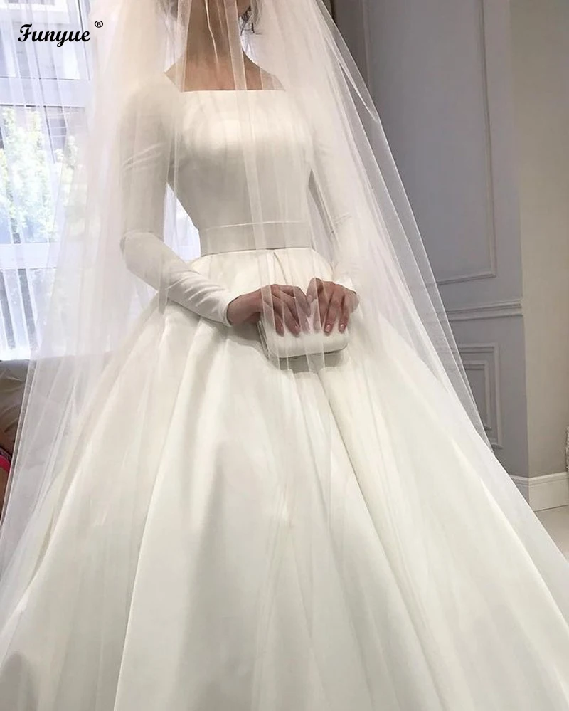 Vestido de baile princesa com véu de tule, manga comprida, colarinho quadrado, cetim luxuoso, elegante, simples, Vintage, noiva, vestido de casamento