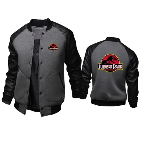 Men's Baseball Coats Patchwork PU Sleeve Stand Collar Jackets JURASSIC PARK Printing Outerwear Dinosaur World Outing Sportswear