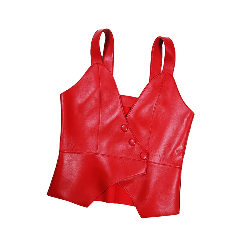 Chic Leather Sexy Sling Vest Women Harajuku V-neck Slim Sleeveless Feminial Red/Grey Real Sheekskin Cropped Top Waistcoat