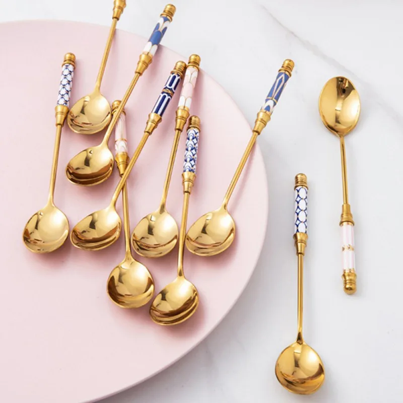 Golden Spoon Dessert Spoon Stainless Steel Coffee Milk Spoon With Ceramic Long Handle Spoon Gold-plated Dessert Spoon