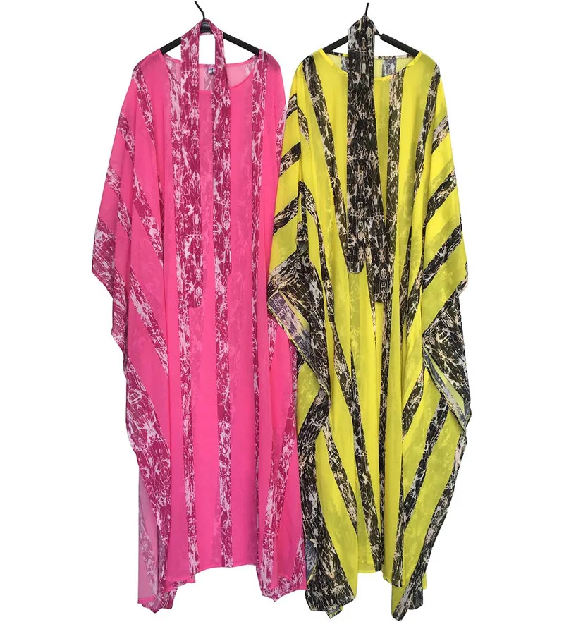 Fashion African Abaya For Women Muslim Chiffon Printed Bat-Sleeve Stripe Long Dresses With Belt Summer Gorgeous Dashiki Dress