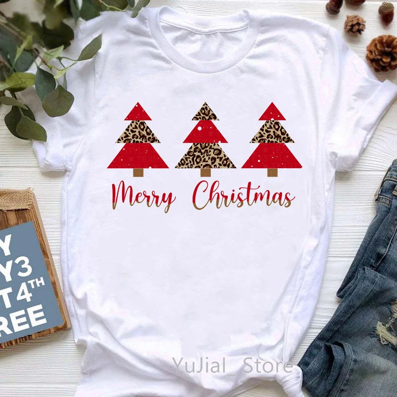 Funny Leopard Christmas Tree Print Women Tshirts Peace Love Beer/Santa Claus Graphic T-Shirt Femme Fashion White T Shirt Female