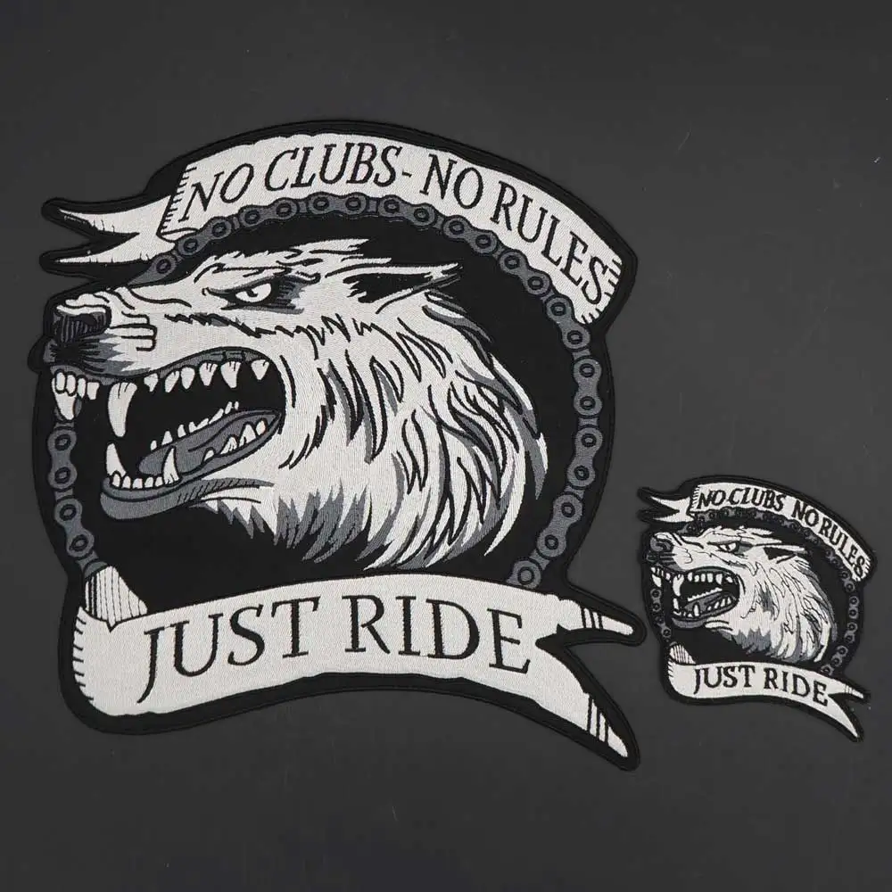 NO CLUBS NO RULES JUST RIDE Wolf Embroidery Patch Badge Cloth Leather Jacket Decoration Back High-grade Iron-On