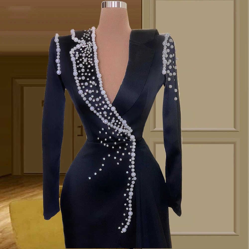 Abiti da sera a sirena di lusso maniche lunghe Perle Perline Abiti da ballo Abito da festa formale con scollo a V profondo فسات Бmavera