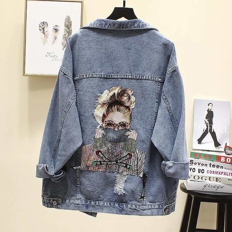 Denim Jacket 2021 Spring New Personality Bead Print Short Jacket Women Loose Denim Jacket Top