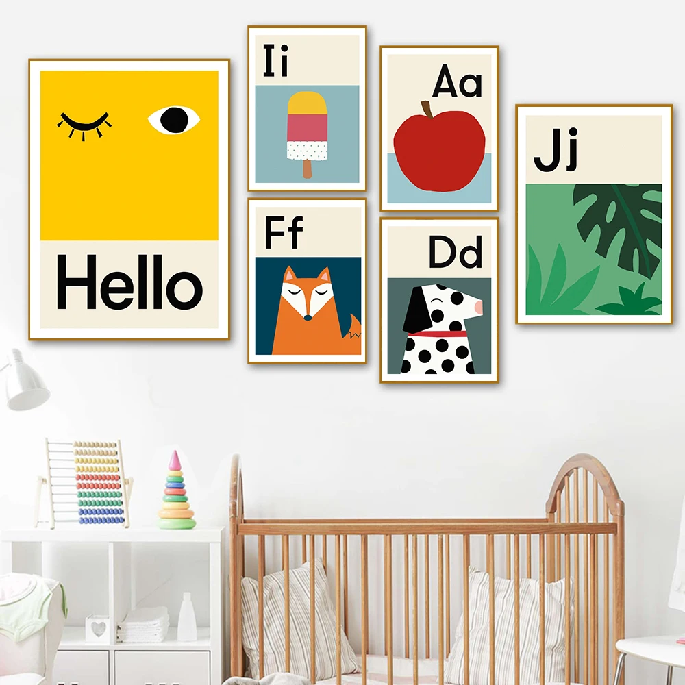 Baby Nursery Images Free - การ์ตูน ABCD ตัวอักษรโปสเตอร์การศึกษาภาพวาดผ้าใบตัวอักษรภาพสัตว์ Nursery Wall Art