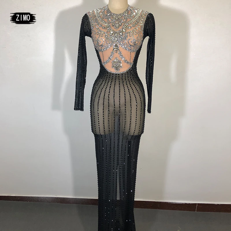 Silver Black Rhinestones mesh Transparent Dress Long Sleeves bar nightclub Women Dancer Show Birthday party Dress stage costume