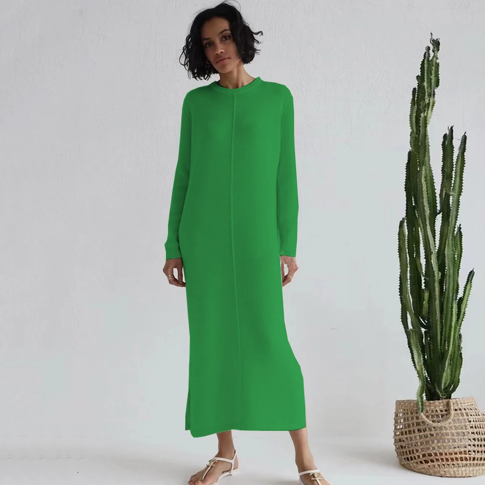 Free Shipping Casual Midi Knit Dress Women\'s O-neck Long Sleeve Split Straight Dresses 2023 New Autumn Pure Color Knit Vestidos