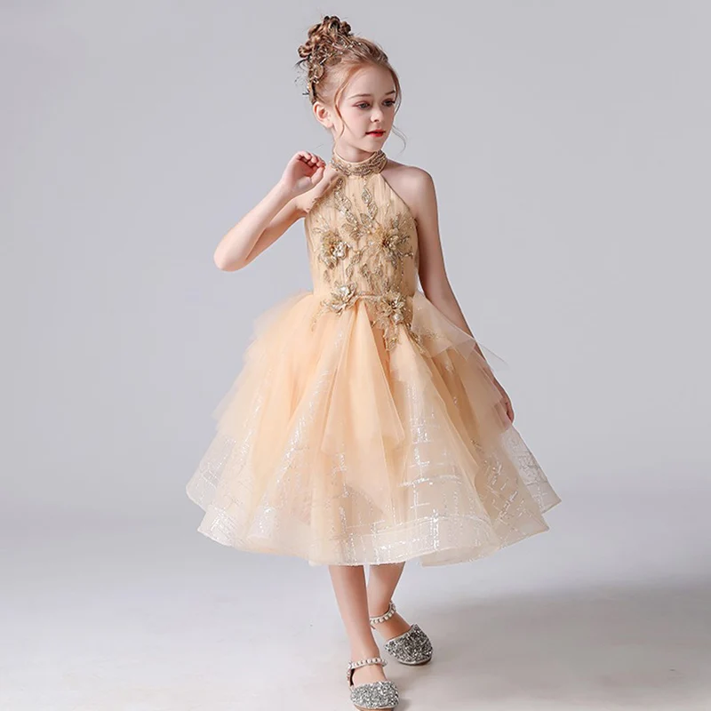 Vestido de tul moderno con cuello Halter para niña, vestidos escalonados de princesa para fiesta de boda, vestido Formal de cumpleaños para niños, nuevo