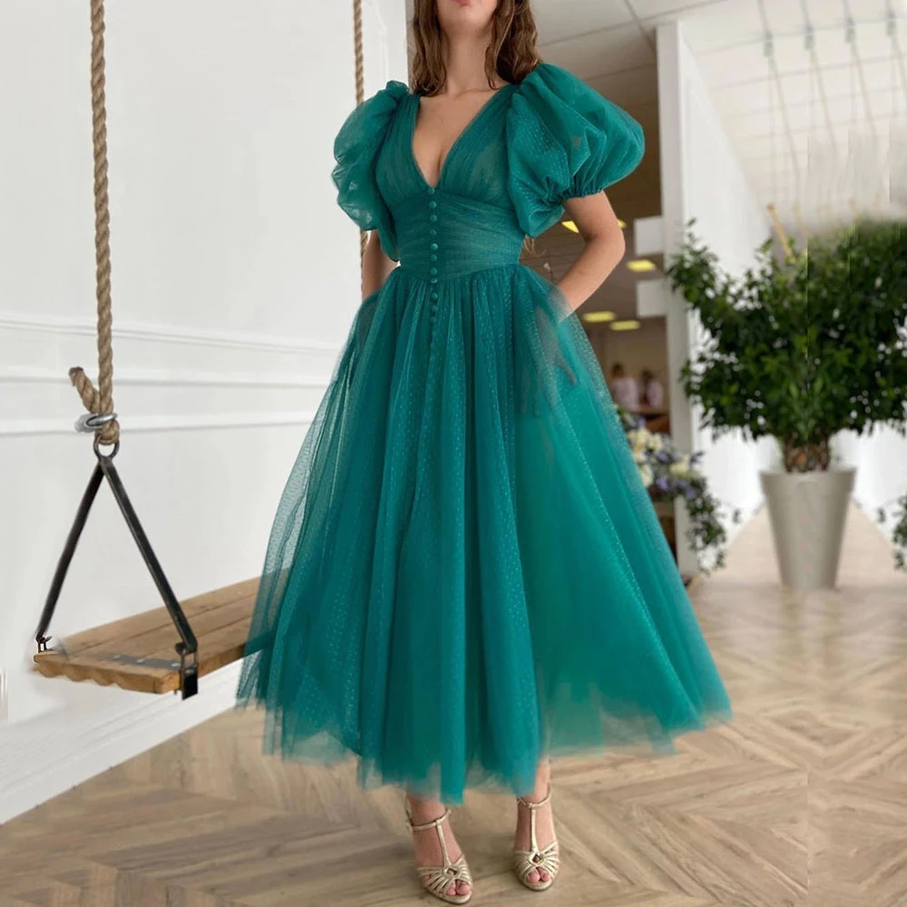 

Green V-Neck Evening Dresses 2023 Sleeves Tea-Length Polka-Dot Pleat Button Tulle Elegant Short Party Prom Gown Blackless