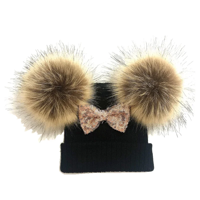 Baby Girl Knit Glitter Bow Knot Double Pompom Hat Faux Fur Winter Cap For Kids Children Beanie Bonnet