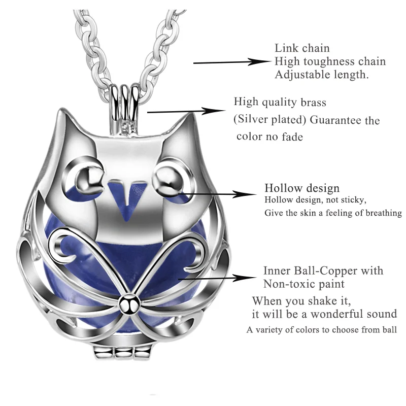 EUDORA Pregnancy Bola Ball Necklace Unique Lvely Owl Locket Cage Pendant With 20mm Inner Mexican Bola Pregnant Women Jewelry