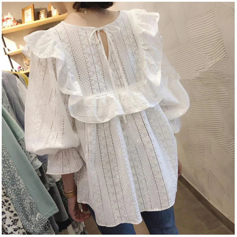 New Arrival Spring Summer Womens Tops And Blouses Hollow Out Embroidery Loose Shirt Ruffles White Sweet Lace Blouse D315