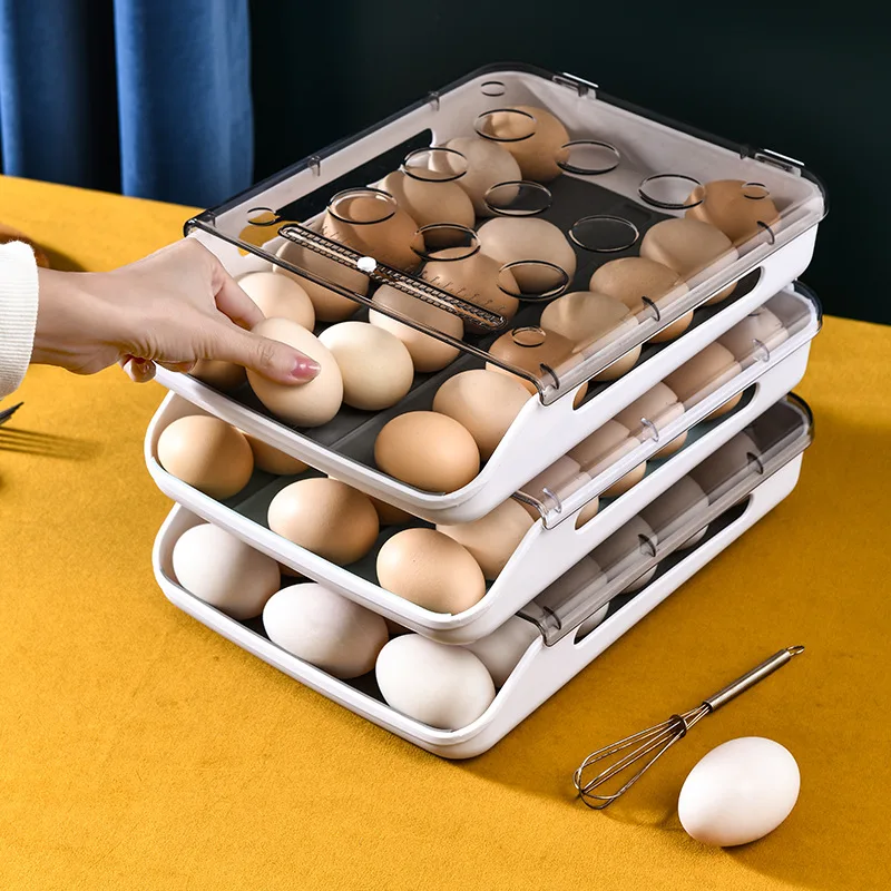 New Automatic Rolling Egg Box Kitchen Items  Refrigerator Storage Organizer  Household Transparent Drawer Tray Space Saver