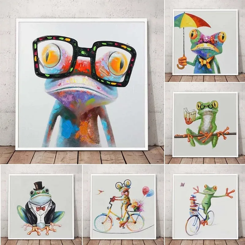 

Happy Frog with Glasses canvas painting Cute Cartoon Animal Posters and Prints Cuadros Wall Art Picture Modern Kid's Room Decor