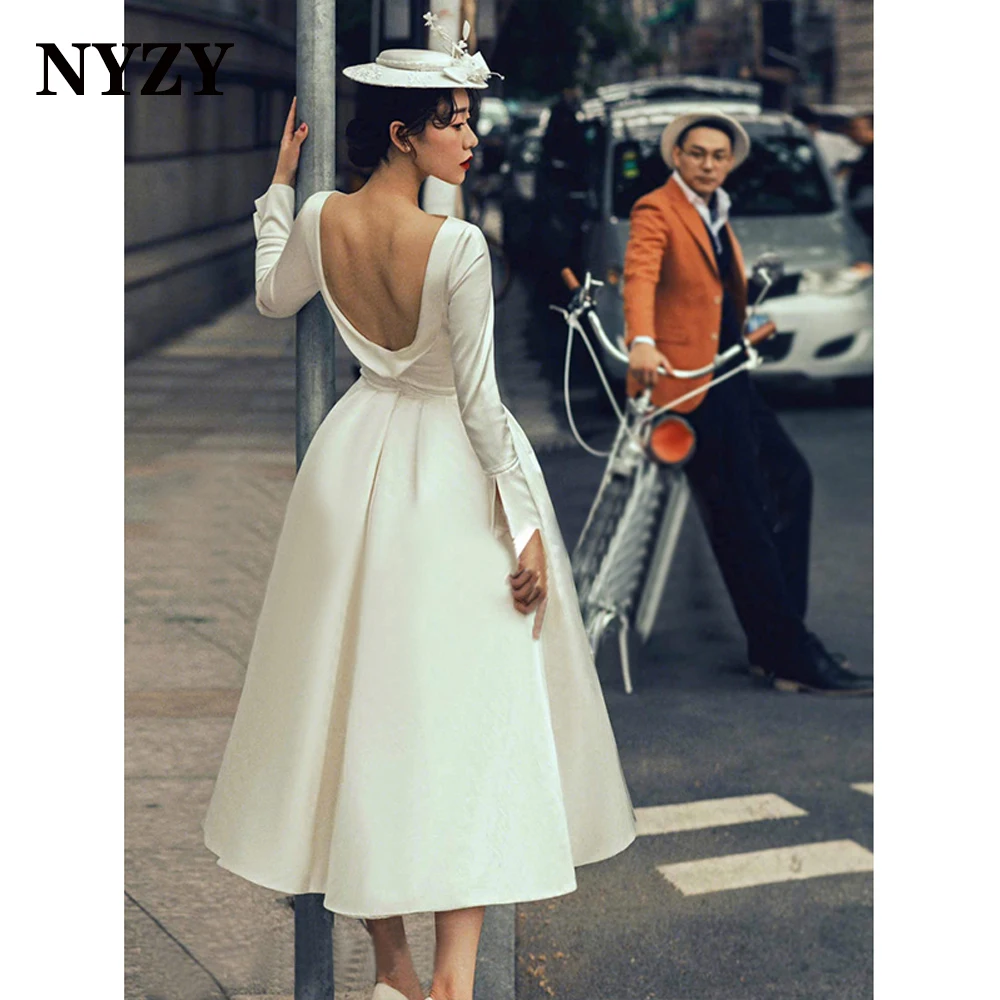 

W56 NYZY Elegant Backless Satin Long Sleeves Tea Length Wedding Dress 2021 Short Wedding Gown