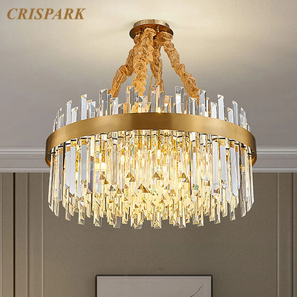 Copper Crystal Chandelier Lighting Round Cristal Prism Modern Luxury Ceiling Lamp Art Deco Indoor Light Fixture for Living Room