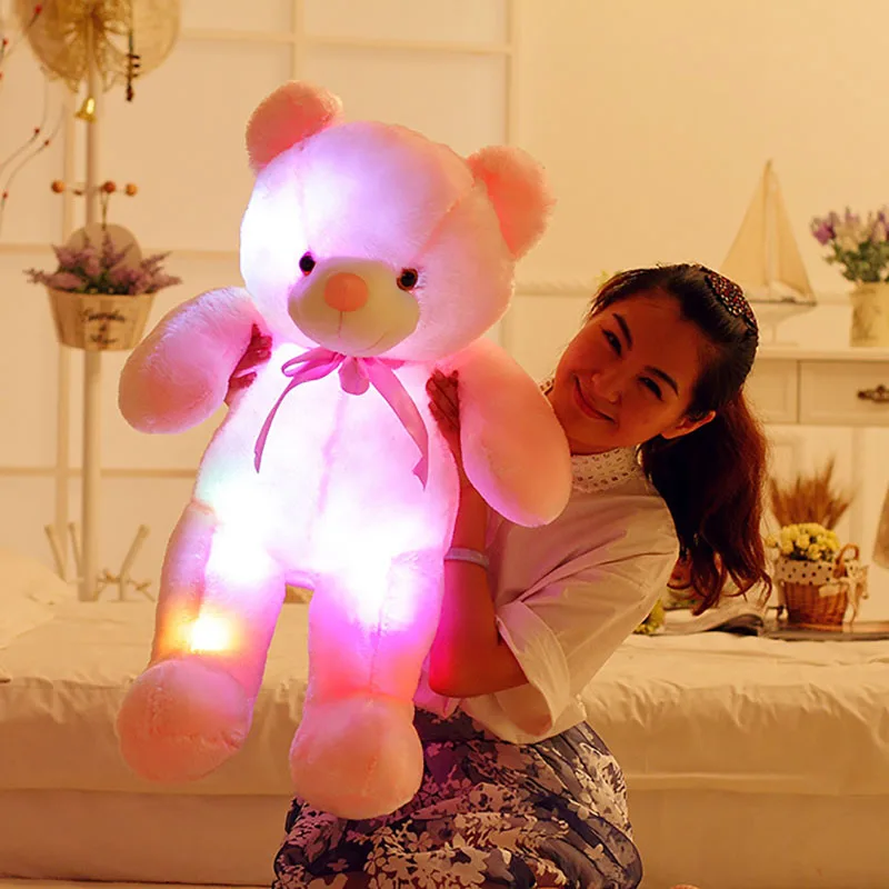 2020 Creative Light Up Bear Stuffed Animals Plush Cushion Cartoon Colorful Glowing Christmas Gift for Kids Pillow