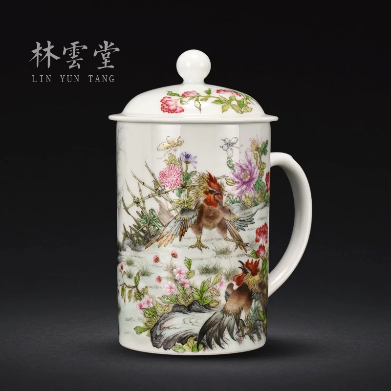 Lin Yuntang hand-painted high-grade office cup glass colored enamel porcelain of jingdezhen ceramic cups with cover cups