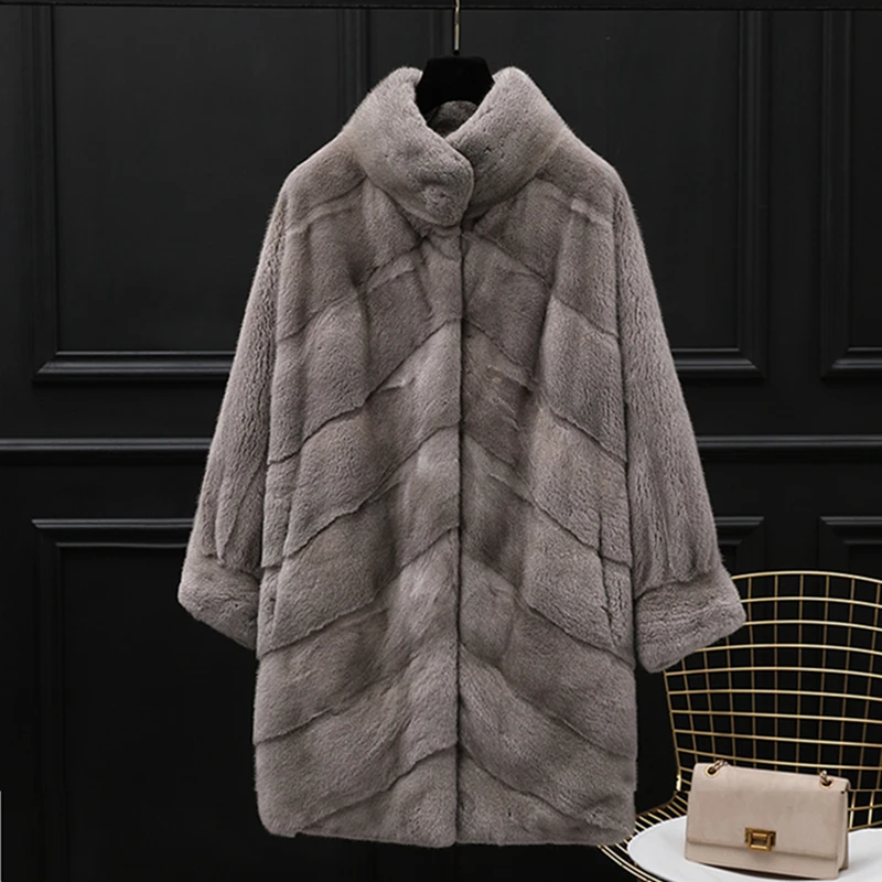 Real Natural Fur Coat for Women, Stand Collar, Whole Female Mink Fur Jacket, Long, Popular, Autumn, Winter, Regular