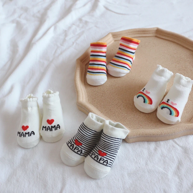 2 Pairs Cute Baby Socks Cotton Newborn Socks Lot Baby Boys Girls Socks I LOVE MAMA Rainbow Colored Kids Letter Footwear Pack