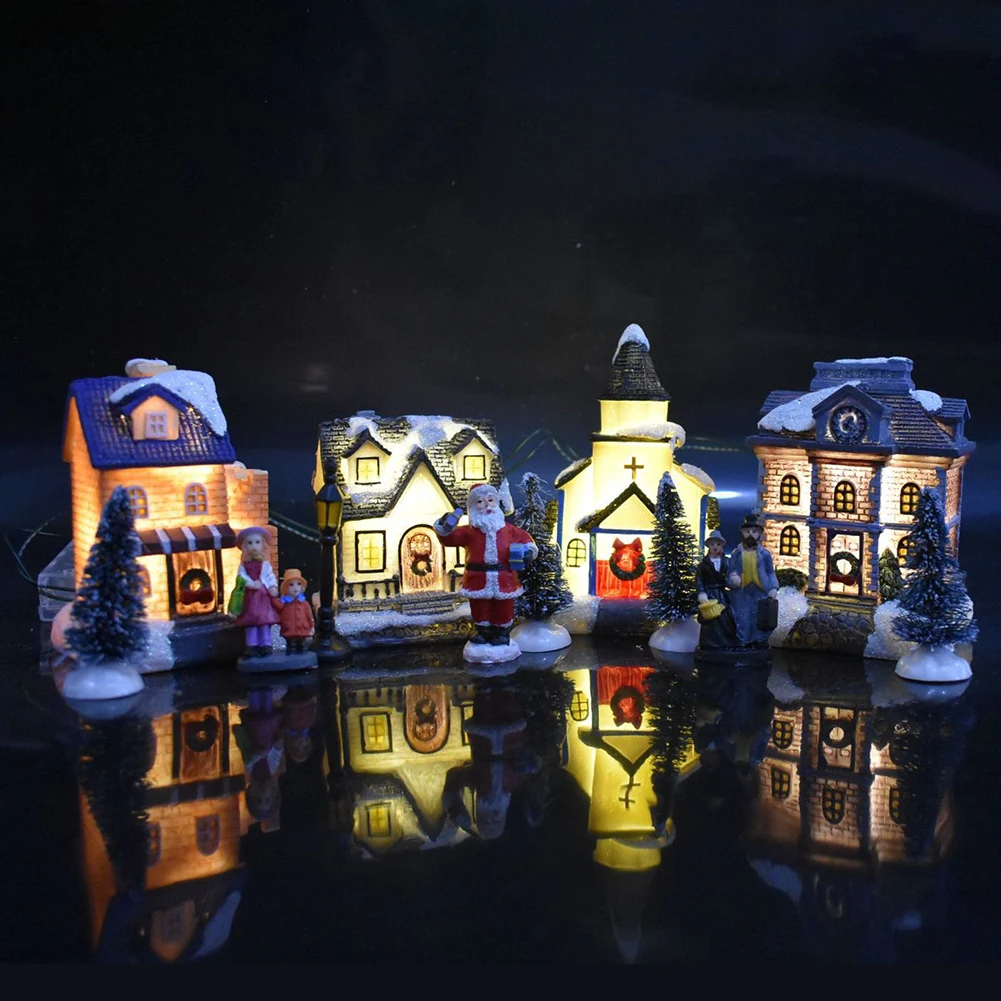 10pcs/set Christmas Decorative Lights Santa Claus Snow House Figurine Table Lamp for Bedroom Happy Xmas Gift for Family Friend