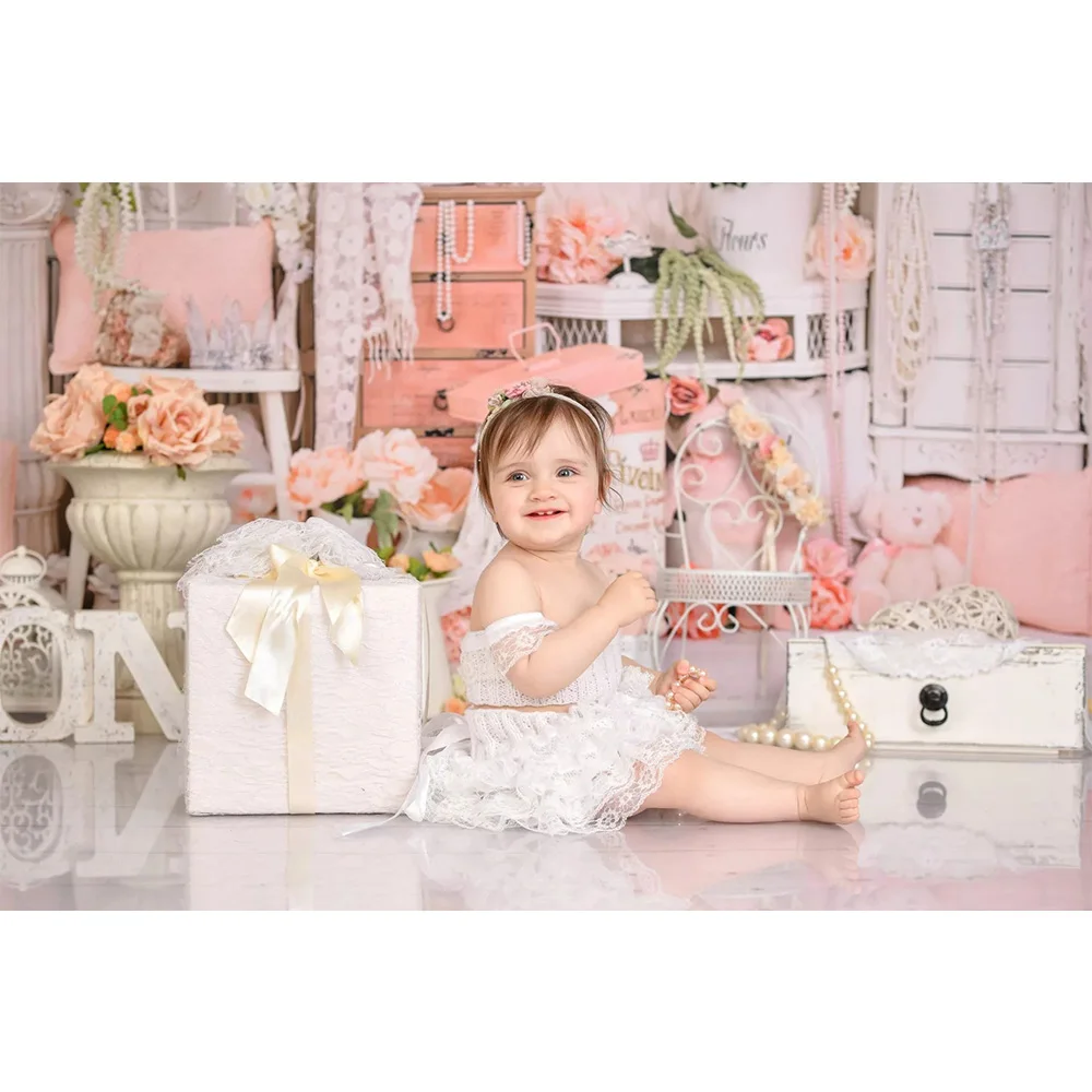 Spring Floral Newborn Bunny Portrait Backdrop Flowers Baby Girl 1st Birthday Cake Smash Background Rose Wedding Photocall Boda