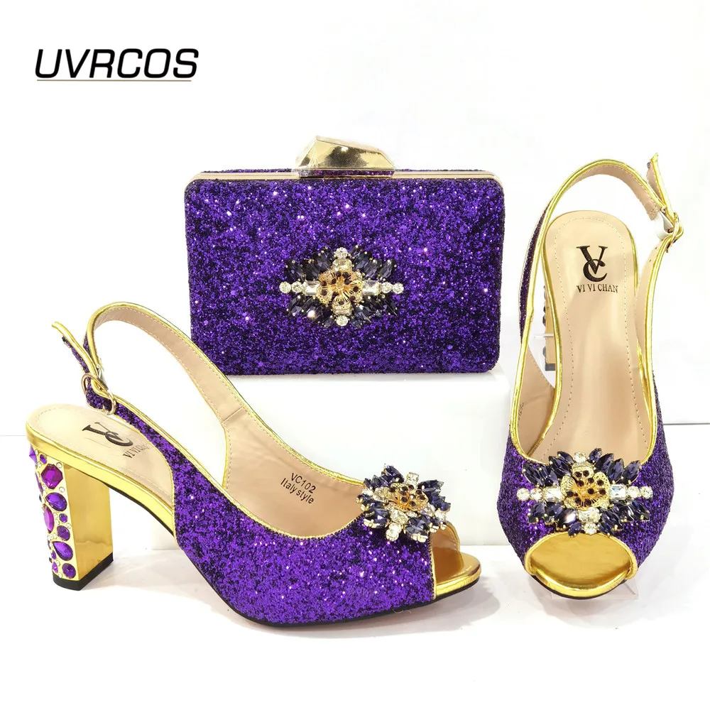 Nigerian Fashion New Arrival Italian Design Crystal and Appliques Decoration Style Women Shoes and Bag Set in Gold Color Sweet