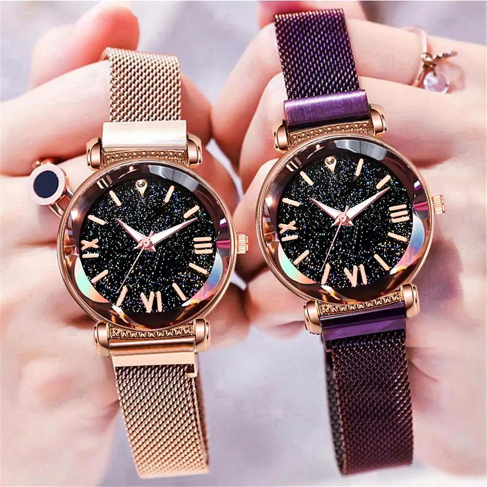 Pop Sale Women Magnet Buckle Starry Sky Roman Numeral Watches Plush Ladies Stainless Steel Quartz Watch Clock Fashionable