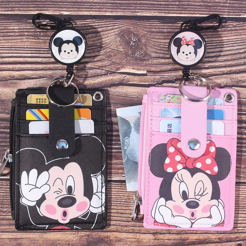 Disney Mickey Hanging Neck Retractable Card Holder Campus Card Meal Card Id Card Shell Leather Case Multi-Card Bus Card Bag