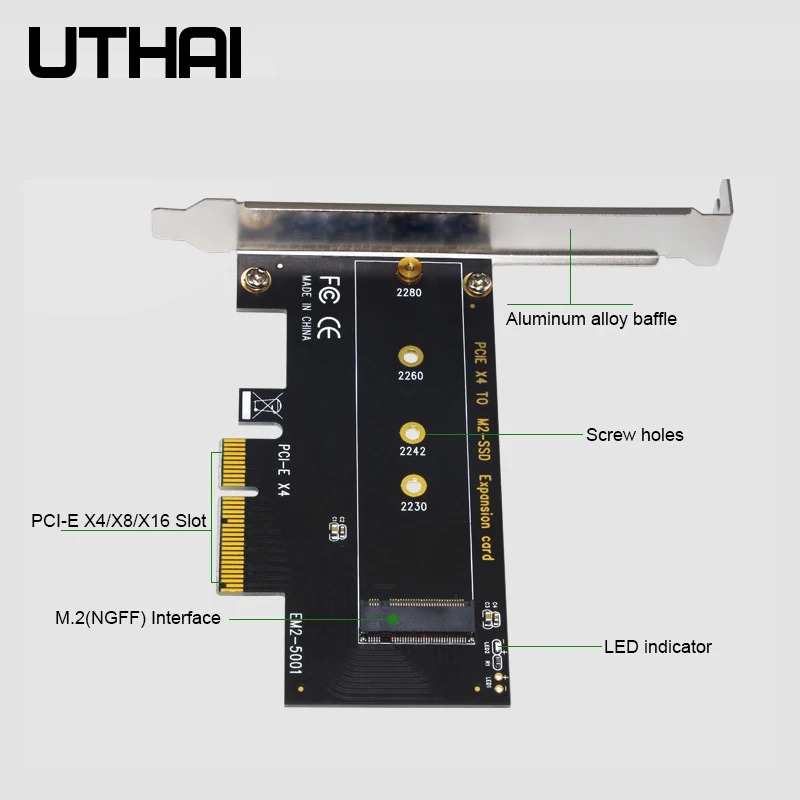 UTHAI M.2 NVMe SSD 어댑터, NGFF to PCIE3.0 X4 M 키 SSD 컨버터, 2230-2280 크기 M2 확장 카드, Msata 3.0 어댑터용