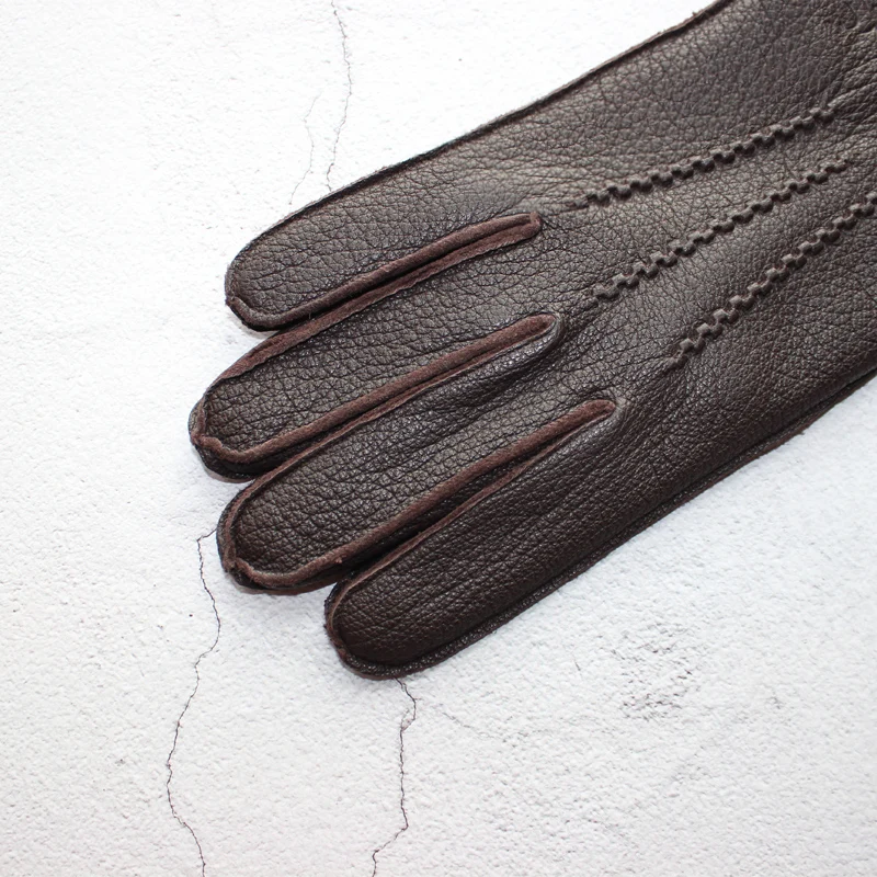 New Deerskin Gloves Men's Leather Outer Stitched Striped Retro Motorcycle Riding Driving Autumn and Winter Wool Knitted Lining