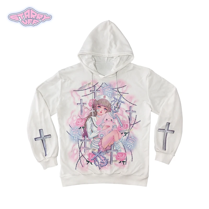 STARRY UFF Original Design resell Japanese Little Nurse Cross Cotton Sweatshirt Hoodies White Cute Girls Pullover