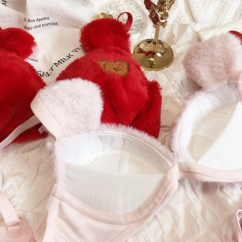 Cute bear paradise plush lingerie panties suit small chest gather no steel ring bra set lace sexy sweet underwear bra for women