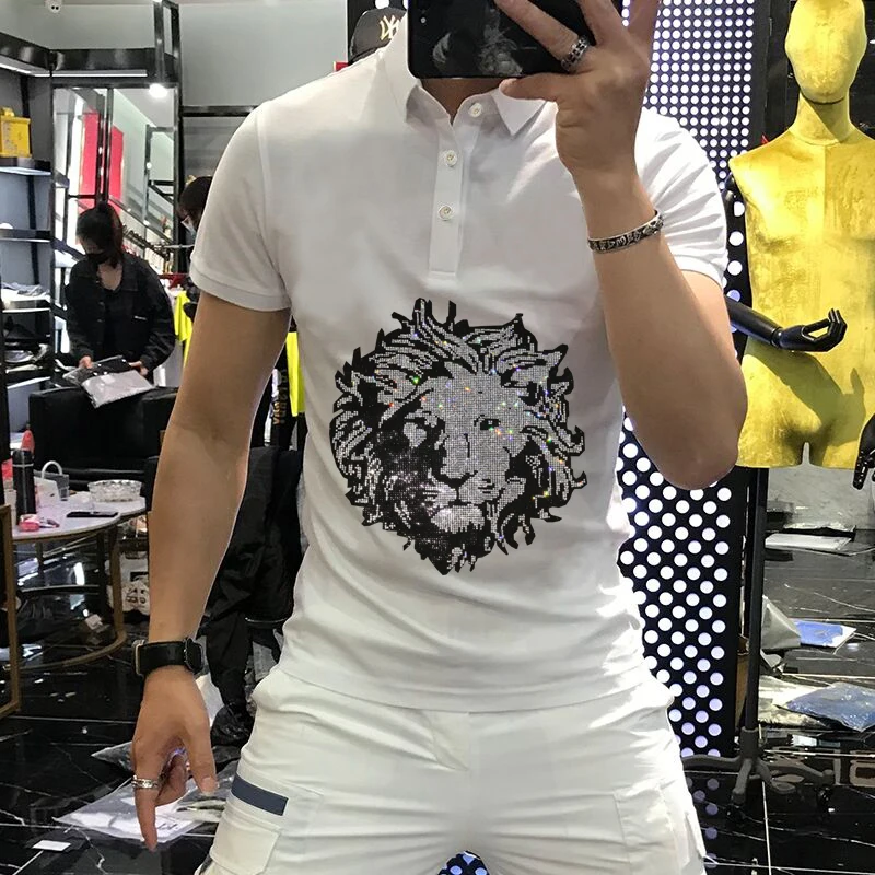 

Spring/Summer New 2021 Men's Sweatshirt Fashion Casual Polo Hot Diamond Lion Head Diamond T-Shirt Tops