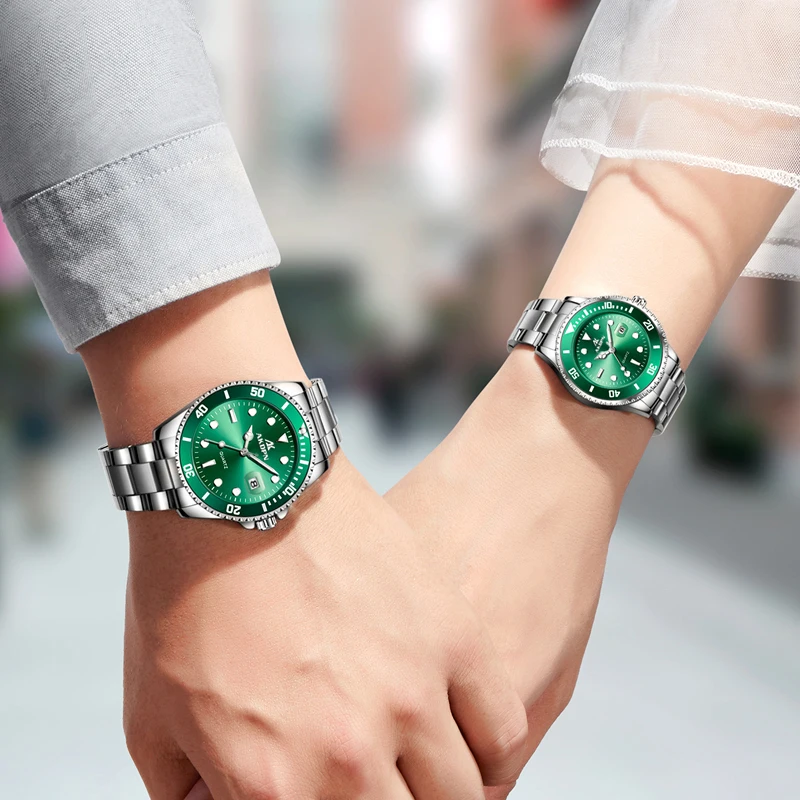 Moda Casal Quartz Assista Aço Inoxidável Strap Impermeável Relógio Verde Rosa Dial Data Relógio para Amantes Presente Reloj