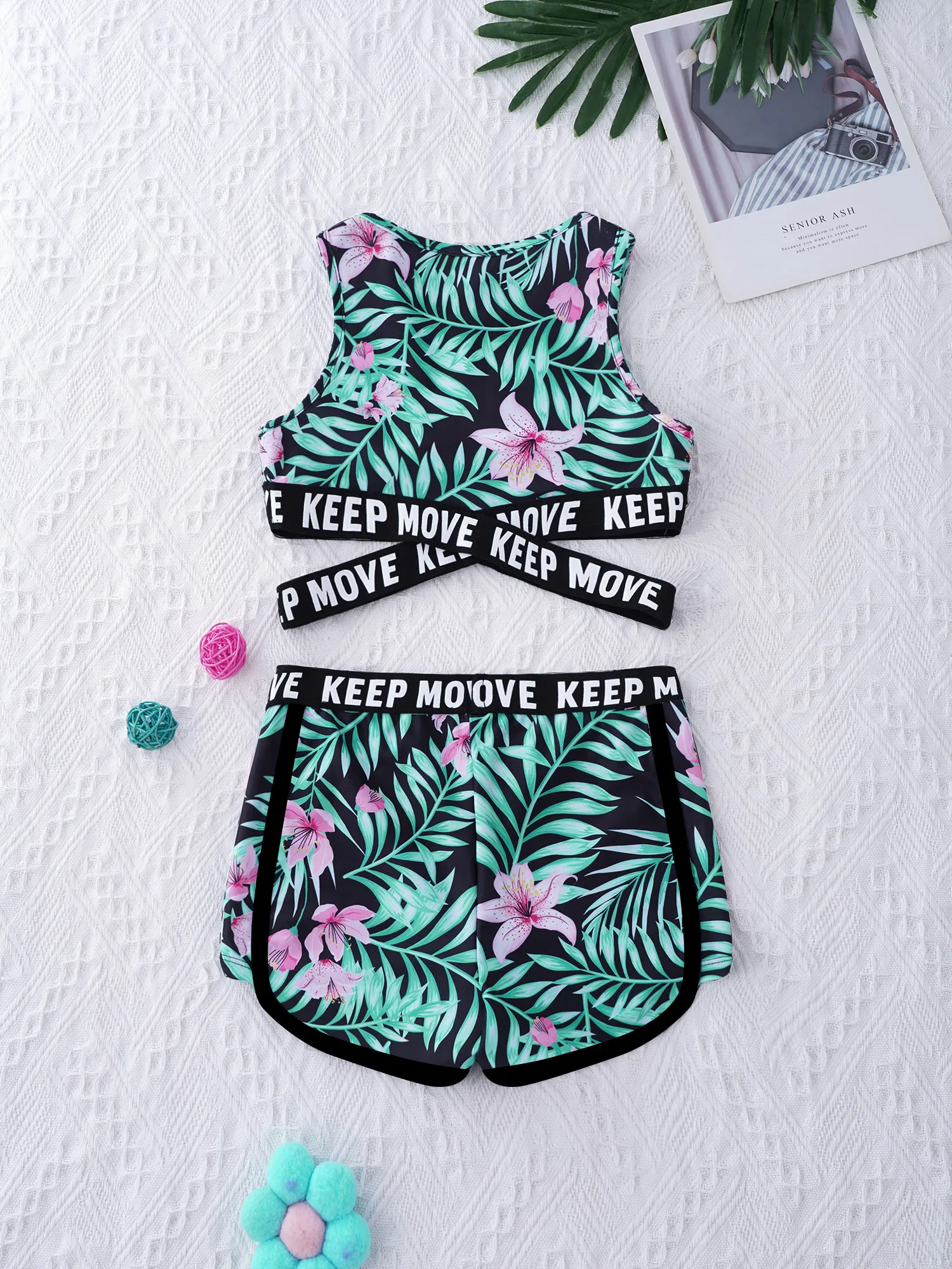 Kids Girls Swimsuit Two Pieces Swimwear Round Neck Sleeveless Cross Sash Crop Tops and Shorts Set Swimming Bathing Suit Clothes