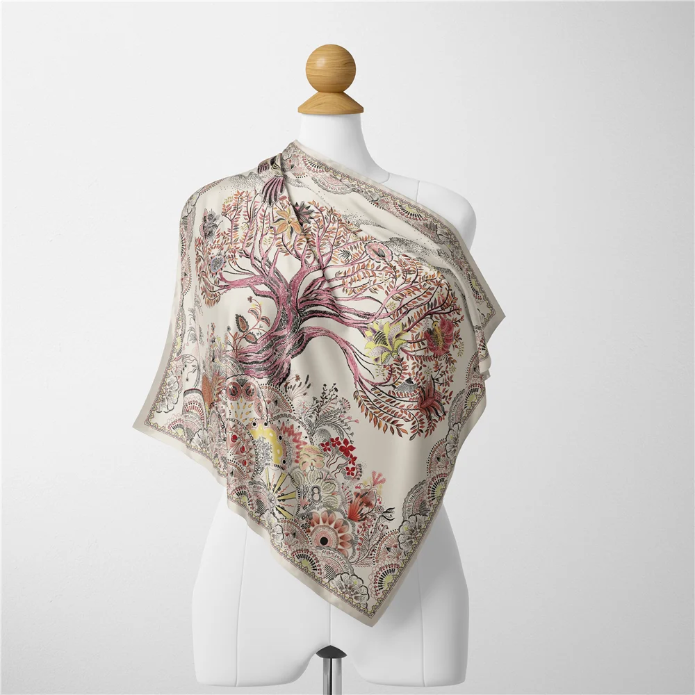 POBING Twill Silk Scarf Woman Tree Print Square Scarves Wraps Bandana Small Hijab Foulards Lady Tie Headband Neckerchief 53CM