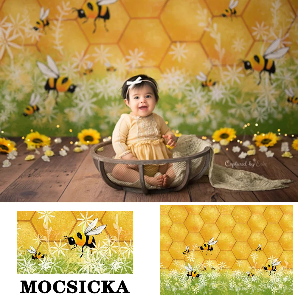 MOCSICKA Cute Bee Honey Photography Backdrops White Flower Girl Little Princess 1st Birthday Photo Props Studio Booth Background