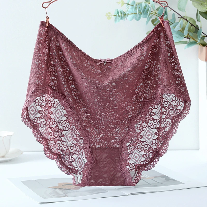 200KG 6XL Large Size High Waist Mesh Transparent Panties Ladies Comfortable Female Underwear Sexy Flower Lace Hollow Briefs