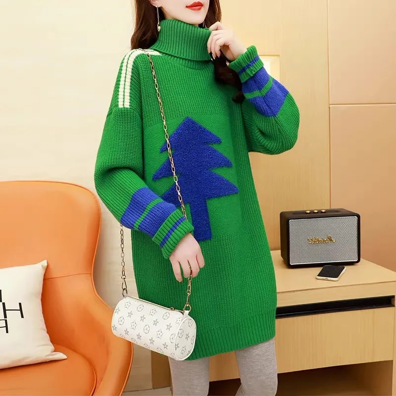 

Knit Korean version of the high collar sweater female long 2023 new autumn and winter loose casual blouse Christmas stripe